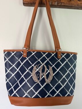 Thirty-One Gifts Navy & Tan Monogram Tote Bag – Large Shoulder Bag